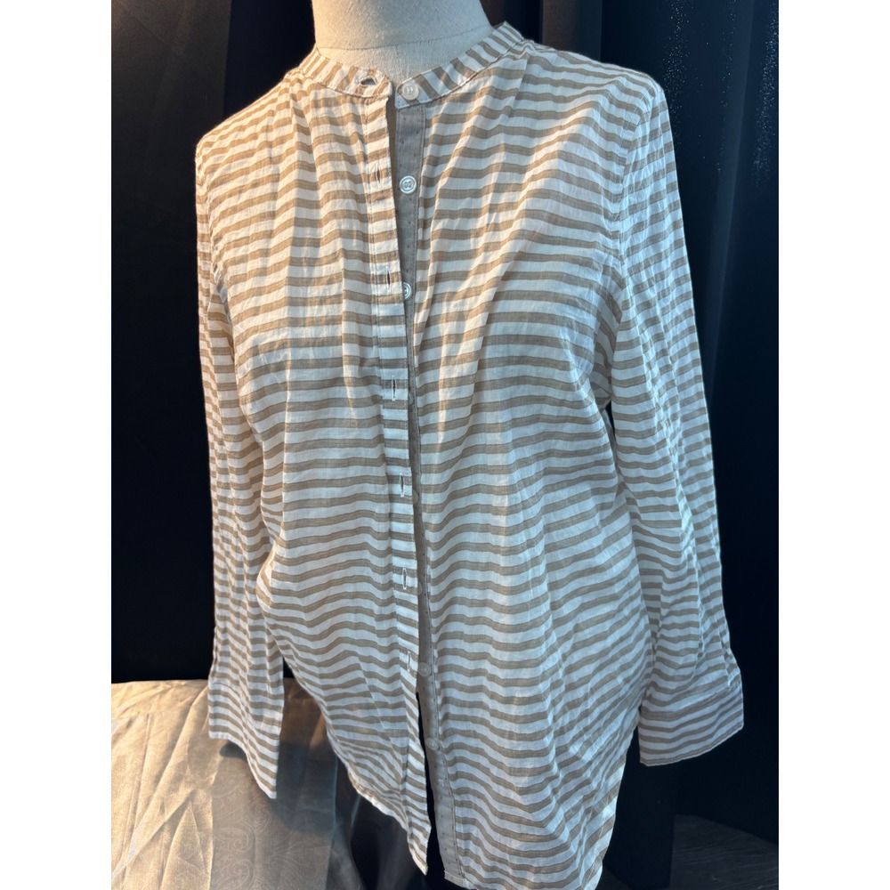 Grand & Greene Tan White Striped Cotton Button Down‎ Shirt Mandarin Collar Small